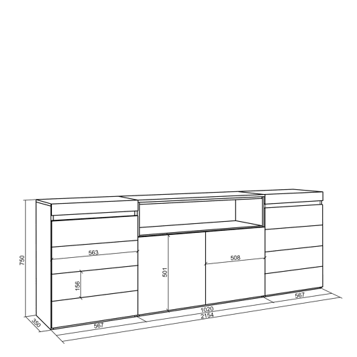Cómoda, Com Gavetas, Armazenamento, 214x35x75cm, Para quarto, dormitório, Camiseiro, Estilo moderno, Branco e preto Cómoda, Com Gavetas, Armazenamento, 214x35x75cm, Para quarto, dormitório, Camiseiro, Estilo moderno, Branco e preto