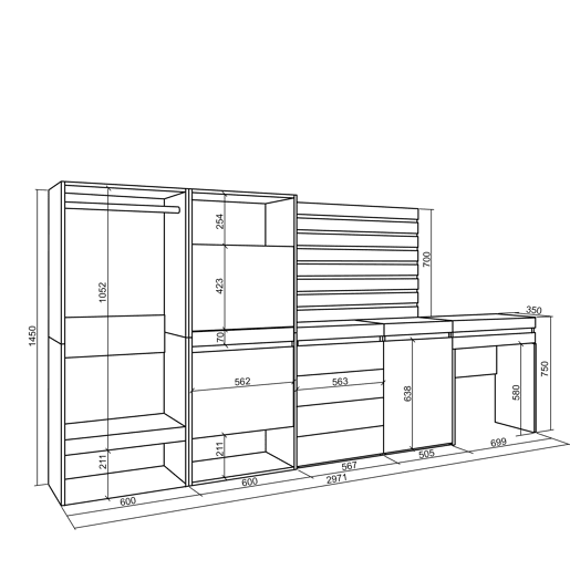 Sapateira, Organização Armazenamento, 297x35x145cm, Para quarto, dormitório, Roupeiro aberto, Cómoda, Tiras Deco. Madeira, Toucador, Estilo moderno, Branco Sapateira, Organização Armazenamento, 297x35x145cm, Para quarto, dormitório, Roupeiro aberto, Cómoda, Tiras Deco. Madeira, Toucador, Estilo moderno, Branco