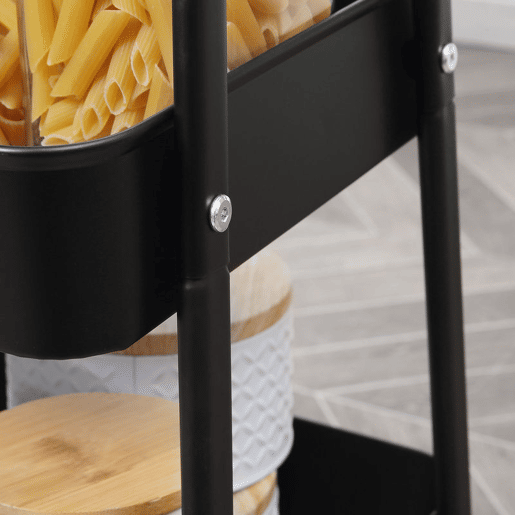 HOMCOM Carrinho Auxiliar com Rodas de 3 Níveis Carrinho de Cozinha com 3 Cestas de Aço e 1 Bancada de Madeira para Sala de Estar Casa de Banho 45x31x79,4 cm Preto
