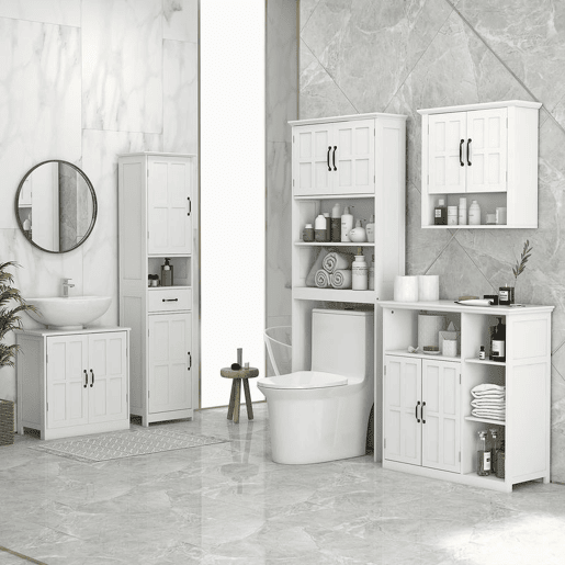 kleankin Conjunto Casa de Banho Inclui 1 Coluna para Casa de Banho 1 Móvel para Lavatório e 1 Armário de Parede com Prateleira Ajustável Estilo Moderno Branco