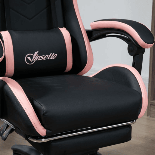 Vinsetto Cadeira Gaming Cadeira Gamer Racing de Couro PU com Altura Ajustável Reclinável 135° Apoio para a Cabeça e Apoio para os Pés Retrátil para Escritório Estúdio 65x65x121-129 cm Preto e Rosa