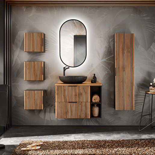 Conjunto móvel lavatório simples 80cm 2 nichos coluna e 3 armários murais Gaia Madeira e Preto Lavatório preto