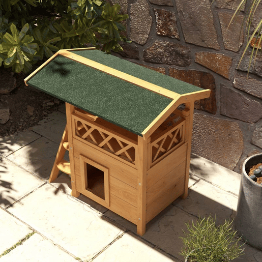 PawHut Casa para Gatos de Madeira 77x50x73 cm Casa para Gatos com 2 Níveis com Teto Asfáltico Terraço Cercado Caverna e Escada para Interior e Exterior Madeira