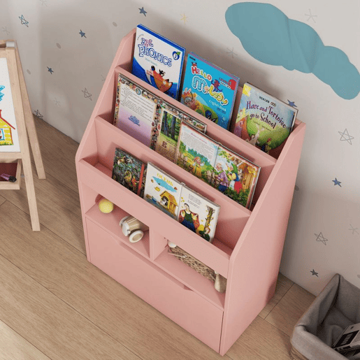 HOMCOM Estante de Madeira para Brinquedos com 3 Compartimentos 2 Prateleiras e Gaveta Móvel com 4 Rodas Estante para Livros Infantil para Dormitório Infantil Sala de Jogos 60x29,9x90 cm Rosa