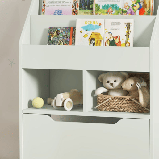 HOMCOM Estante de Madeira para Brinquedos com 3 Compartimentos 2 Prateleiras e Gaveta Móvel com 4 Rodas Estante para Livros Infantil para Dormitório Infantil Sala de Jogos 60x29,9x90 cm Verde