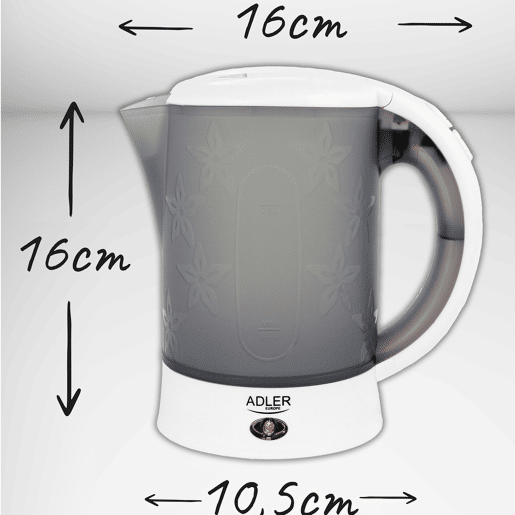 Adler AD1268 Chaleira Elétrica de Viagem 0,6 L Sem BPA, Desligamento Automático, Resistência de Aço Inox, 900, Cinza branco