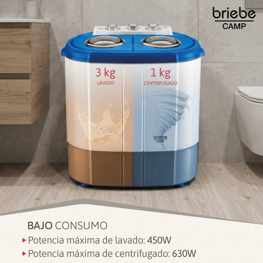 Briebe WM1140 Mini Máquina de Lavar Roupa Portátil com Centrifugadora, Ideal para Campismo, 3Kg, 2 Compartimentos, 190 , BrancoAzul