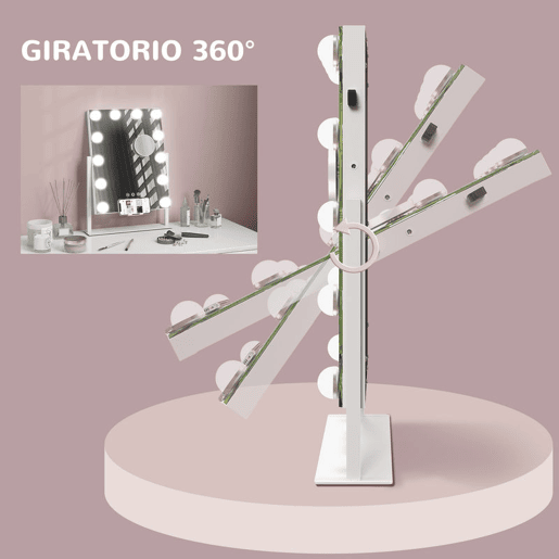 HOMCOM Espelho de Maquilhagem Estilo Hollywood com Luzes Espelho de Toucador Giratório 30x40 cm com 12 Lâmpadas LED 3 Modos de Iluminação Ajustáveis Interruptor Tátil Suporte para Telemóvel e Entrada USB Branco