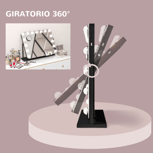 HOMCOM Espelho de Maquilhagem Estilo Hollywood com Luzes Espelho de Toucador Giratório 58x46 cm com 14 Lâmpadas LED 3 Modos de Iluminação Ajustáveis Interruptor Tátil Suporte para Telemóvel e Entrada USB Preto