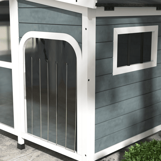 PawHut Casa para Cães de Madeira 101x66,5x70,5cm Casa para Animais de Estimação com Teto Abatível Frontal de Acrílico Porta com Cortina e Fundo Amovível Cinza Escuro