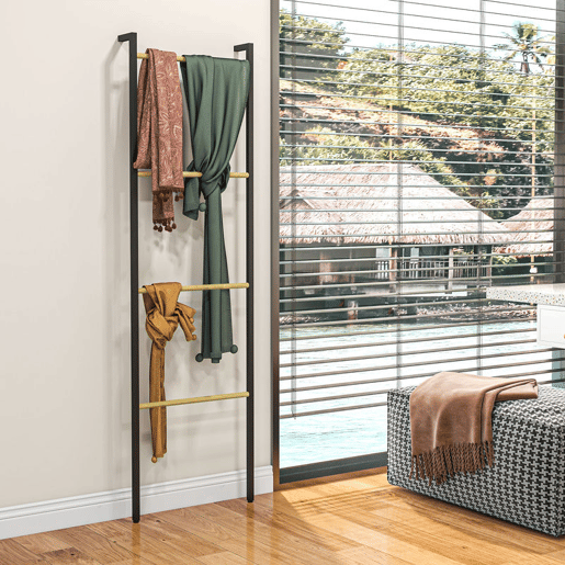 HOMCOM Toalheiro de 4 Níveis Toalheiro Escada Apoiado na Parede Toalheiro Casa de Banho com 4 Barras de Bambu e Estrutura de Aço 49x5,5x167,5 cm Preto e Madeira