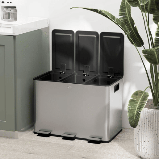 HOMCOM Balde de Lixo de Cozinha com 3 Compartimentos 3x10L Cubo de Lixo de Aço Inoxidável com Pedais Tampas com Fechamento Suave e Cubo Amovível para Escritório Cozinha Prata