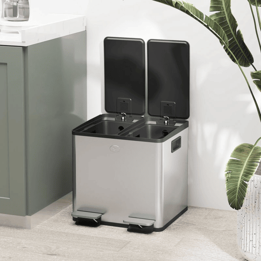HOMCOM Balde de Lixo de Cozinha com 2 Compartimentos 2x15L Cubo de Lixo de Aço Inoxidável com Pedal Tampa de Fechamento Suave e Cubo Amovível para Escritório Cozinha Prata