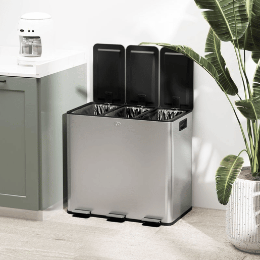 HOMCOM Balde de Lixo de Cozinha com 3 Compartimentos 3x15L Cubo de Lixo de Aço Inoxidável com Pedais Tampas com Fechamento Suave e Cubo Amovível para Escritório Cozinha Prata