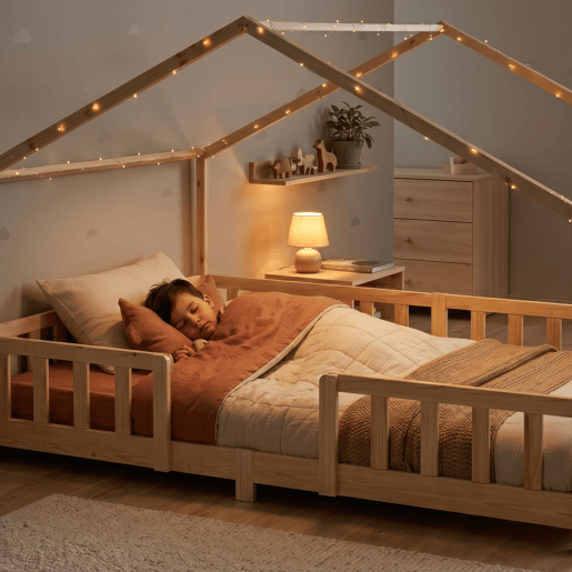 Cama de criança Treviolo em forma de casa pinho 140x200 cm - Natural en.casa