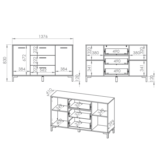 Aparador 2 portas 3 gavetas 138 cm Liora Madeira