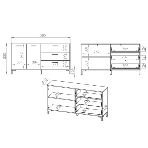 Aparador 2 portas 3 gavetas 160 cm Liora Madeira