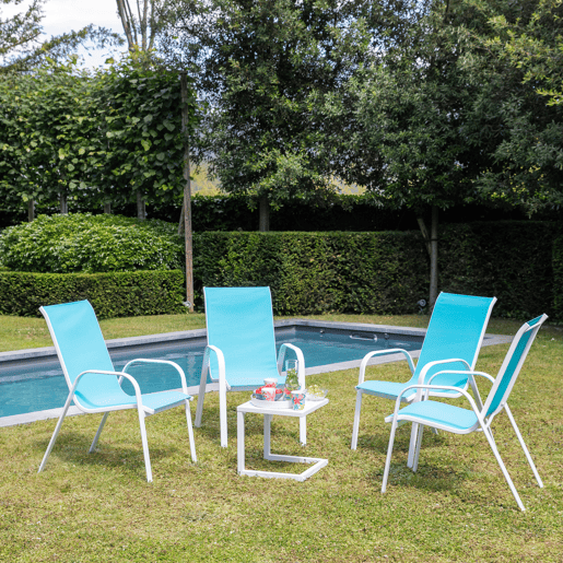 Lote de 4 sillas MARBELLA en textileno azul - aluminio blanco
