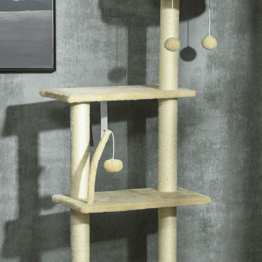 PawHut Arranhador para Gatos do Solo ao Teto de 230-250 cm Arranhador para Gatos com Altura Ajustável Múltiplas Plataformas Rede Bolas Suspensas Bege