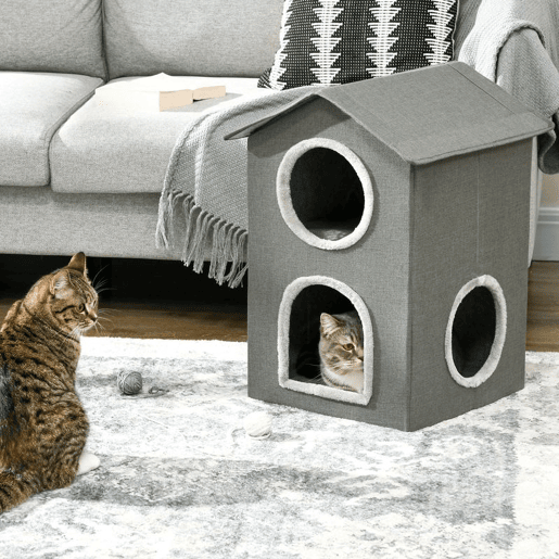 PawHut Casa para Gatos de 2 Níveis Cama para Gatos Caverna para Gatos com 3 Portas e Almofadas Laváveis 42x46x59,5 cm Cinza