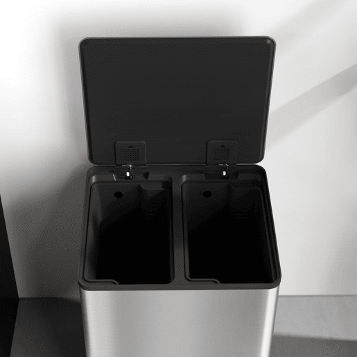 HOMCOM Balde de Lixo de Cozinha com 2 Compartimentos 2x30L Cubo de Lixo de Aço Inoxidável com Pedal Fechamento Suave e Cubo Amovível para Escritório Cozinha Prata
