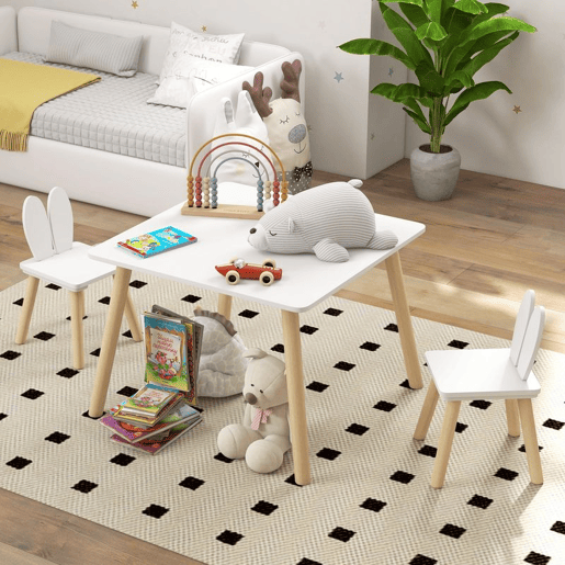 AIYAPLAY Conjunto de Mesa Infantil e 2 Cadeiras Mesa Infantil com Costas de Cadeiras com Orelhas de Coelho Mesa Infantil para Quarto de Bebé Sala de Jogos Branca