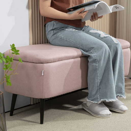 HOMCOM Banco de Armazenamento Estofado em Linho com Tampa Abatível e Pés de Aço para Dormitório Sala de Estar Entrada Carga Máxima 150kg 101x38,5x44,5 cm Rosa