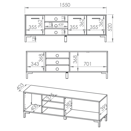 Móvel TV 3 portas 155 cm Liora Madeira