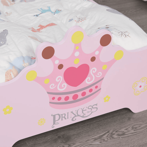HOMCOM Cama de Criança +3 anos 143x73x60 cm Cama de Criança em Madeira com Estampado de Coroa Carga 50 kg para Quarto Rosa