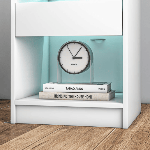 HOMCOM Mesa de Cabeceira com Luzes LED Mesa de Cabeceira com Gaveta Prateleira Estação de Carregamento Entrada USB e Controlo Remoto 40x40x58 cm Branco