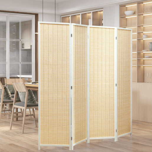 HOMCOM Biombo de 4 Painéis Dobrável 180x180 cm Separador de Ambientes Divisor de Habitação Tecido a Mão de Bambu e Fio de Algodão Decoração Elegante para Sala de Estar Branco