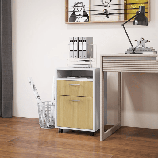 HOMCOM Gaveta de Escritório com Rodas, Armário de Escritório com Gaveta, Compartimento e Porta, Arquivador Móvel para Estudo ou Sala, 40x35x60 cm, Natural e Branco