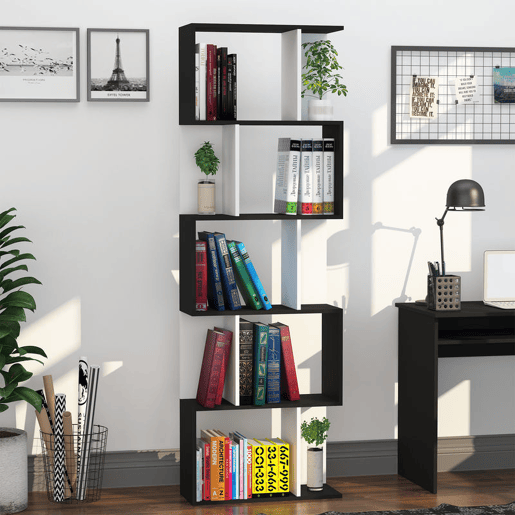 HOMCOM Estante de 5 Níveis, Estante para Livros em Forma de S com 10 Prateleiras, para Sala de Estar, Quarto, Escritório e Estudo, 60x24x184,5 cm, Branco e Preto