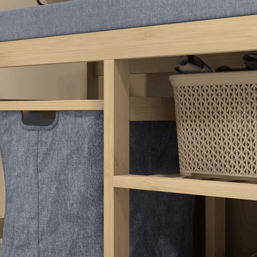 HOMCOM Banco para Sapatos de Bambu Móvel Sapateira com Assento Cesta Amovível e Prateleiras Abertas para 4 Pares de Sapatos Banco Sapateira para Entrada Corredor 69x30x45 cm Madeira