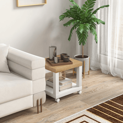 HOMCOM Mesa Auxiliar com Rodas Mesa Auxiliar com Prateleira Aberta para Sofá Dormitório 40x40x40 cm Branco e Madeira