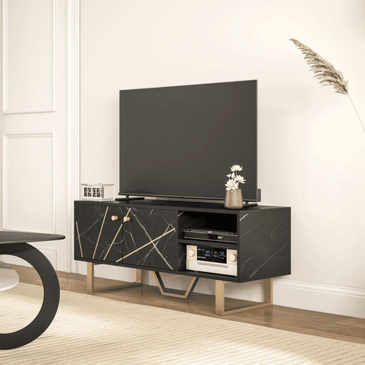 HOMCOM Móvel de TV Móvel para Televisor com 2 Portas Prateleira Ajustável e Efeito Mármore Móvel de TV para Sala de Estar para Televisores de 50 Polegadas 110x35x45 cm Preto e Dourado