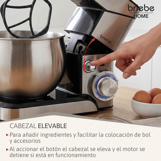 Briebe KM1114 Batedeira Planetária com Taça Profissional, Robô de Cozinha, 5L, 6 Velocidades, Acessórios, 1800, Aço inoxidável