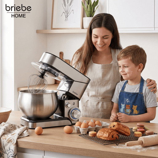 Briebe KM1114 Batedeira Planetária com Taça Profissional, Robô de Cozinha, 5L, 6 Velocidades, Acessórios, 1800, Aço inoxidável