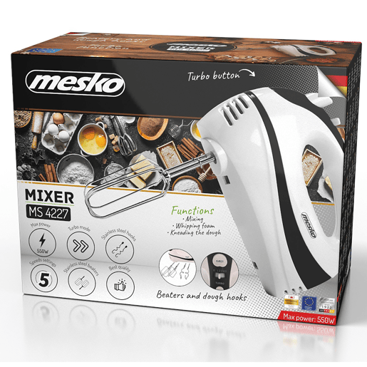 Mesko MS4227B Batedeira Especial Pastelaria 5 Velocidades + Turbo, 2 Batedores  2 Ganchos de Amassar Aço Inox., 550,