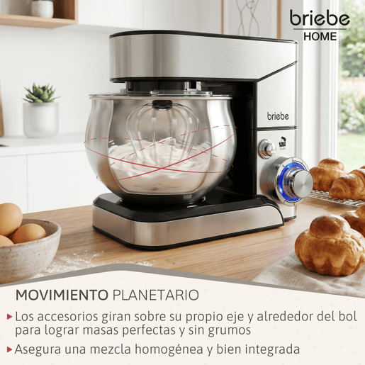 Briebe KM1114B Batedeira Planetária com Taça Profissional, Robô de Cozinha, 5L, 6 Velocidades + Balança de Cozinha, 1800, Aço inoxidável