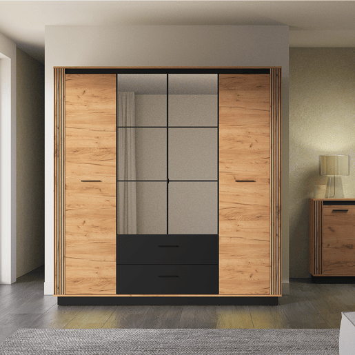 Roupeiro Solal madeira e preto com 4 portas e 2 gavetas