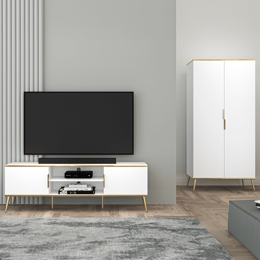 Suporte para televisor de 2 portas Zora 160 cm branco e dourado
