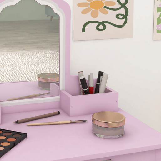 ZONEKIZ Toucador Infantil para Meninas e Meninos acima de 3 Anos Toucador de Maquilhagem com Banco e Espelho Toucador para Meninas com Gaveta e Caixas de Arrumação em Forma de Nuvem Rosa