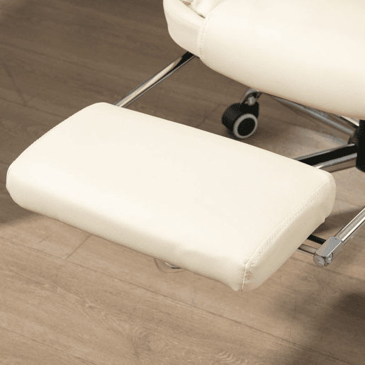 HOMCOM Cadeira de Escritório Reclinável Cadeira de Escritório com Apoio para os Pés Cadeira Executiva Giratória com Altura Ajustável Estofada em PU e Apoio para os Braços 64,5x69x109-117 cm Creme