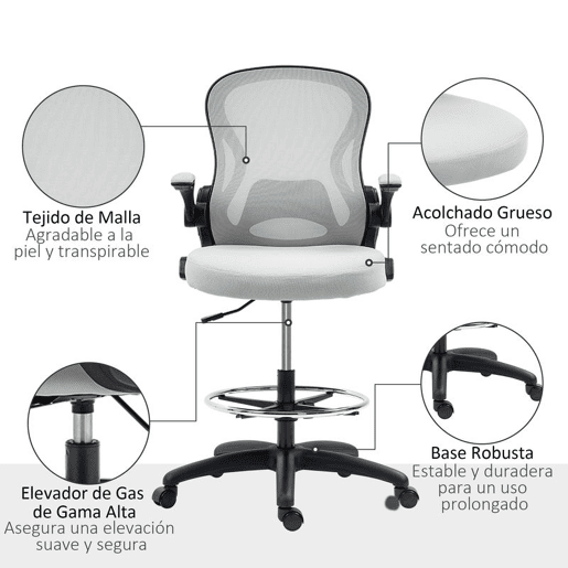 Vinsetto Cadeira de Escritório com Encosto Médio Suporte Lombar Apoio para os Braços Dobrável e Altura Ajustável Carga Máxima 120kg 59x65x102-122 cm cinza Claro
