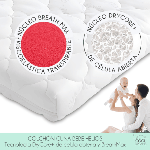 Colchão de bebé Helios Cuna 120x60 com tecnologia DryCore+ e BreathMax. Certificação OEKO-TEX e CertiPur. Capas amovíveis. Inclui protetor de colchão