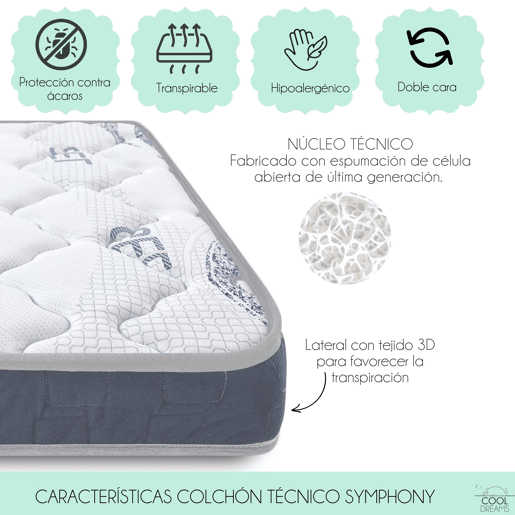 Colchão MaxiCuna 140x70 com viscoelástico. Reversível, reduz o risco de asfixia para o bebé. Inclui protetor de colchão impermeável. Symphony