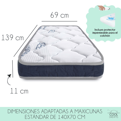 Colchão MaxiCuna 140x70 com viscoelástico. Reversível, reduz o risco de asfixia para o bebé. Inclui protetor de colchão impermeável. Symphony