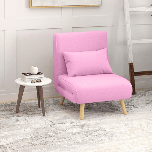 HOMCOM Sofá-Cama Individual Dobrável 3 em 1, Sofá-Cama, Estofado em Linho, com Encosto Ajustável em 5 Posições, 1 Almofada, para Quarto, Sala, Rosa