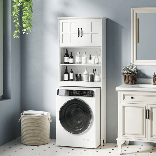 kleankin Móvel sobre Sanita Armário para Máquina de Lavar com 2 Portas Prateleiras Abertas e Prateleira Ajustável Móvel para Casa de Banho 66x23x178 cm Branco